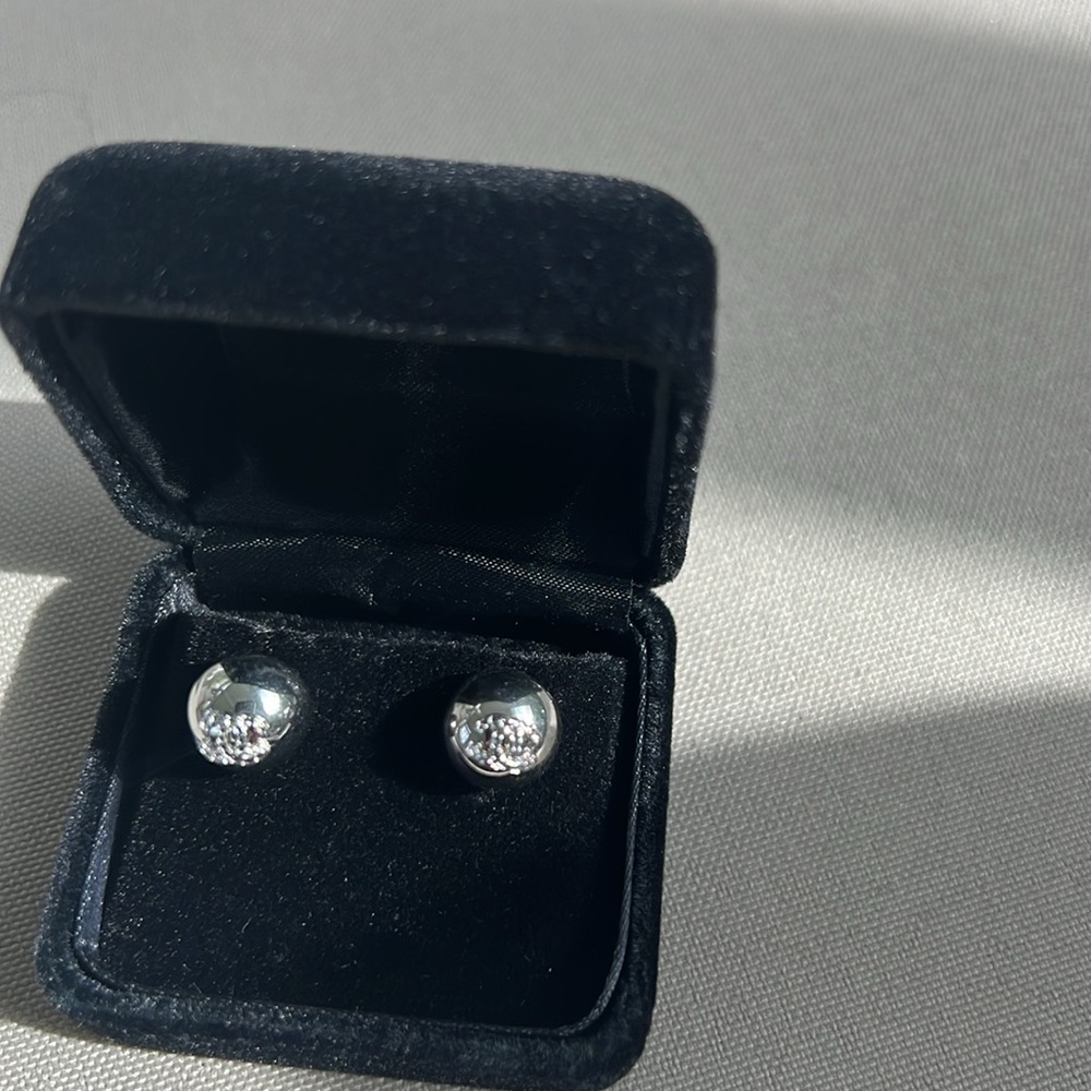 Authentic Chanel silver ball earrings with Chanel logo. - Picture 2 of 11